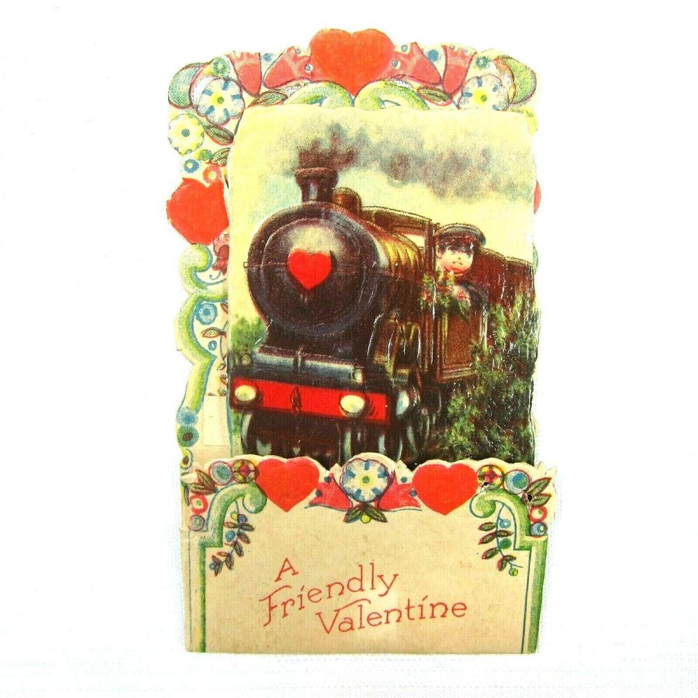 Vintage Valentine Pull Down Die Cut Boy Train Conductor Standup Germany 1920-30s